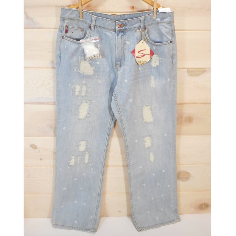 NWT Seven7 Size 18 (37x32.5) Embellished Wide Leg Jeans Distressed Light Wash